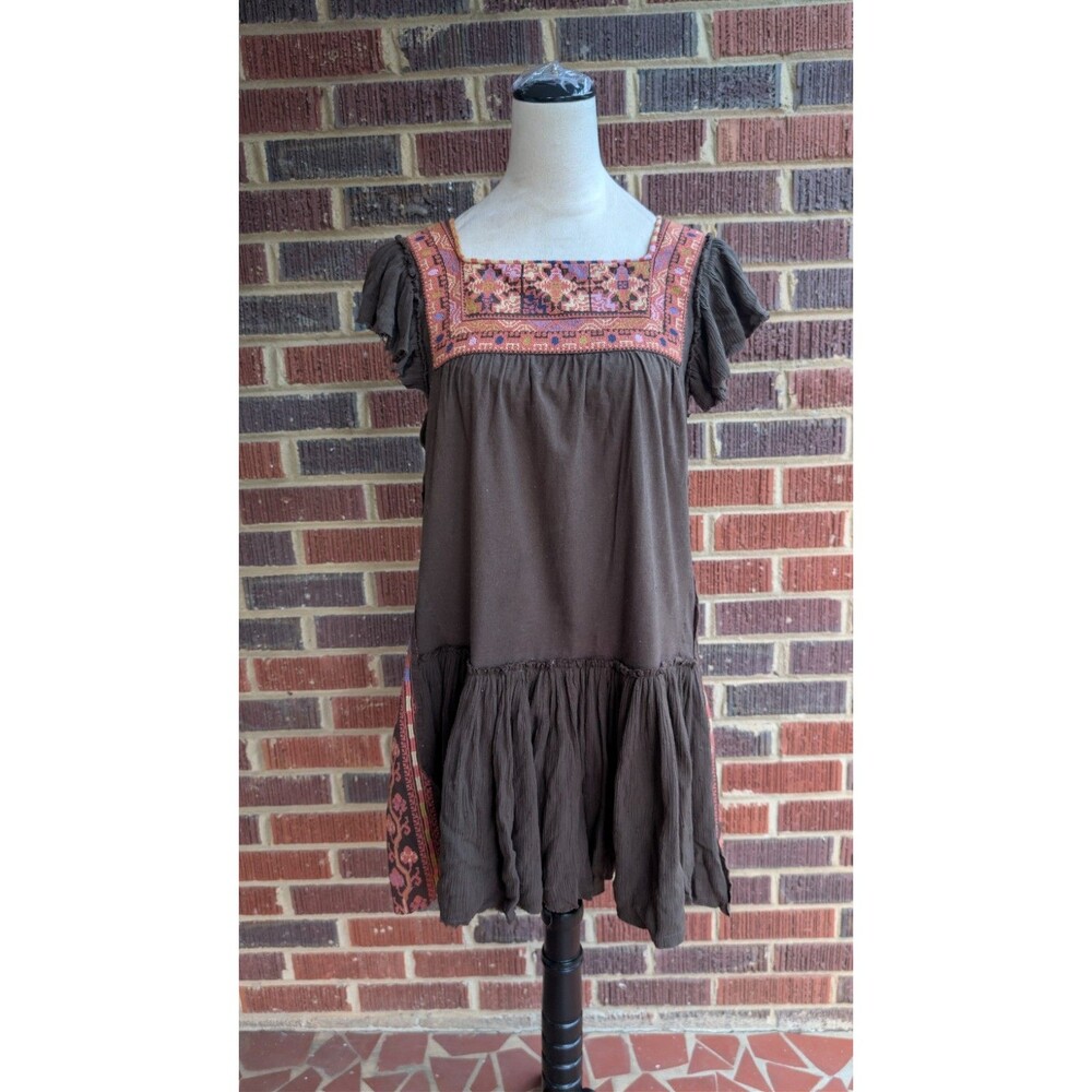 Free People Boho Embroidered Mini Dress- Open Back-Brown Cotton -Size M